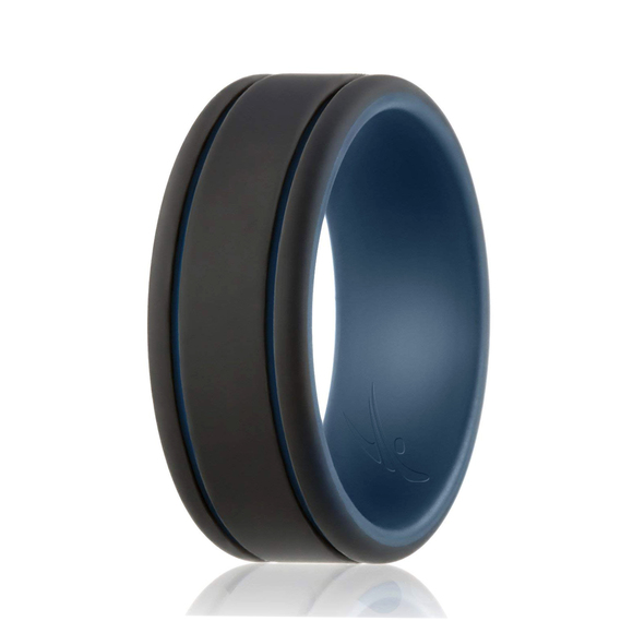 Silicone Wedding Ring - Duo Collection 2 Thin Lines - Blue-Black by ROQ - Picture 1 of 2